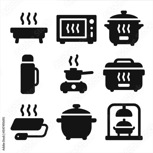 Food Warming Icons. Solid style icons of food warming equipment: warming tray, microwave, heat-hold multicooker, thermos, hot
