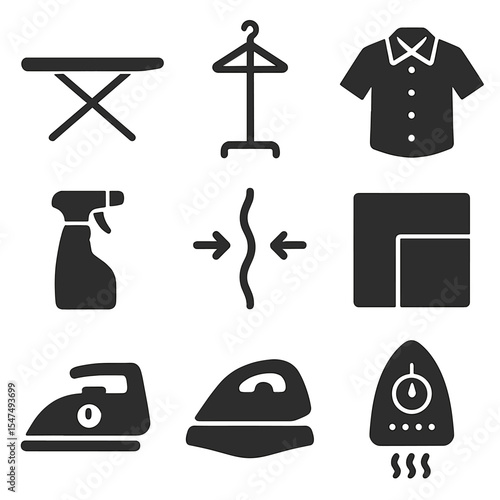 Ironing Station Essentials. Solid style icons of ironing station: iron board, standing iron rack, hanging shirt, spray bottle,
