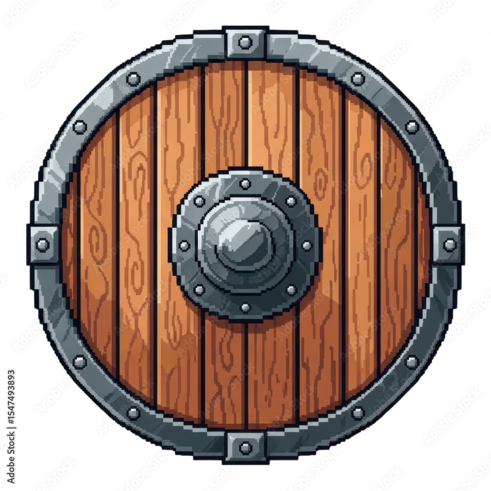 Obraz premium Round wooden shield with metal rim and knob in pixel art style transparent PNG