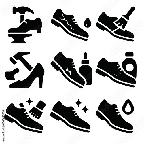 Shoe Restoration Icons. Solid style icons of shoe restoration: vintage repair, cracked leather fix, re-dye process, heel
