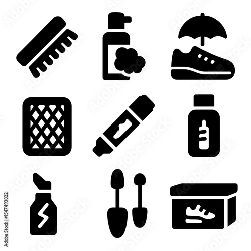 Sneaker Care Icons. Solid style icons of sneaker maintenance: sneaker brush, foam cleaner, sneaker protector, mesh patch, white