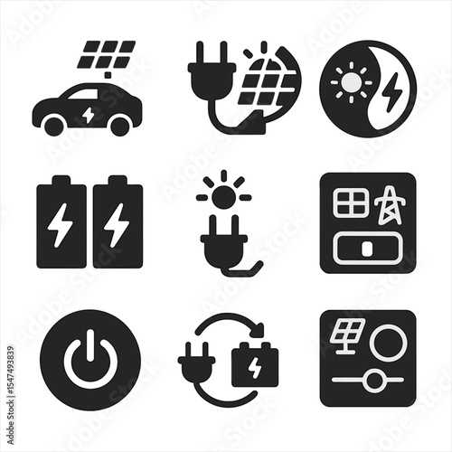 Hybrid Solar Icons. Solid style icons of hybrid solar systems: solar-electric car, plug-solar combo, hybrid energy icon, dual