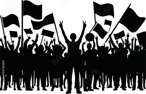 Group of people protesters vector silhouette illustration isolated. Man hand holding sign. Empty banner plate. Blank protest flag. Political agitation campaign. Demonstration social laborers rights