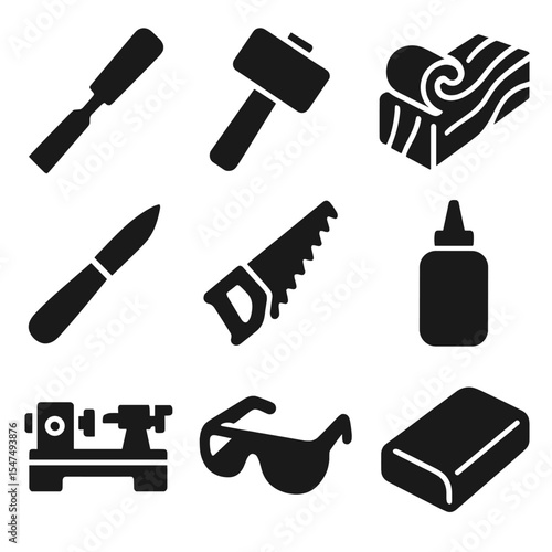 Woodcraft Tool Icons. Solid style icons of woodcraft and carving: wood chisel, mallet, wood block, carving knife, saw, wood glue,