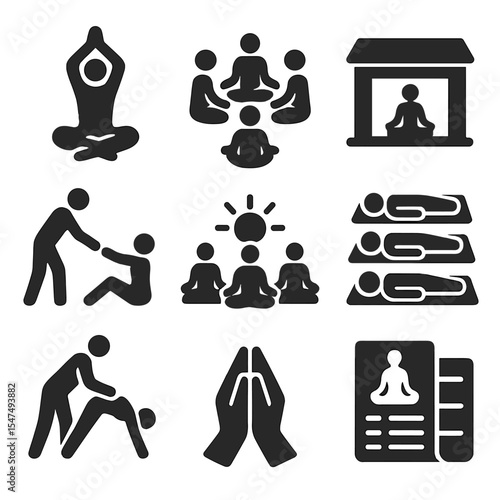 Group Yoga Icons. Solid style icons of group yoga and classes: instructor pose, group in circle, yoga studio, partner yoga,