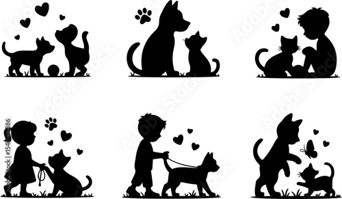 Animal  Whimsical Cats and Birds in Trees Silhouette vector