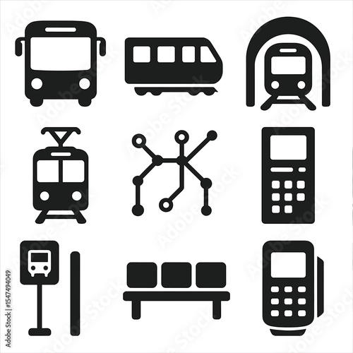 Public Transport Icons. Solid style icons of public transport: bus icon, train side, metro tunnel, tram icon, ticket machine,