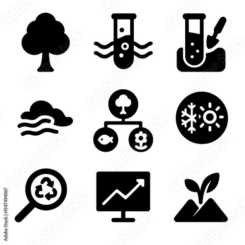 Environmental Science Icons. Solid style icons of environmental science: tree icon, water test, soil sample, air quality,