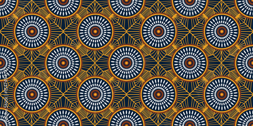 African ethnic traditional blue and yellow pattern. seamless beautiful Kitenge, chitenge style. fashion design in colorful. Geometric circle abstract motif. Floral Ankara prints, African wax prints.