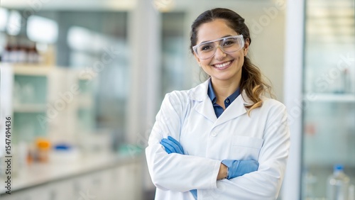 A smiling scientist posing in a lab with a confident demeanor. She is wearing safety glasses and a lab coat