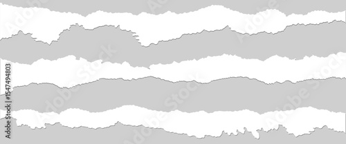 Collection of torn, ripped pieces of white color paper. Ripped paper strips