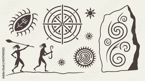 Ancient Prehistoric Tribal Symbols Rock Art Cave Painting Sun Spirals Maze Hunter Figures Stone Monument Design Elements