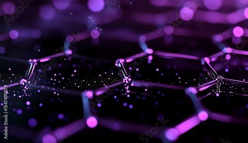 Glowing purple molecular structure with connected nodes on dark background, abstract scientific visualization with bokeh effect and depth of field.