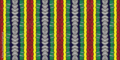 African inspired traditional fabric pattern with vibrant hidden stripes in shades of green, yellow, and melon. seamless beautiful Kitenge, chitenge, dutch wax style. fashion design in colorful. 