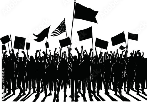 Group of people protesters vector silhouette illustration isolated. Man hand holding sign. Empty banner plate. Blank protest flag. Political agitation campaign. Demonstration social laborers rights