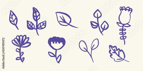 Stylized floral and leaf icons with organic flow and curved forms Vector art illustration isolated transparent background