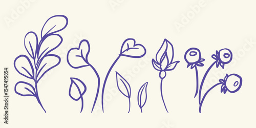 Charming flower illustrations featuring leaf pairs and rounded petals Vector art illustration isolated transparent background