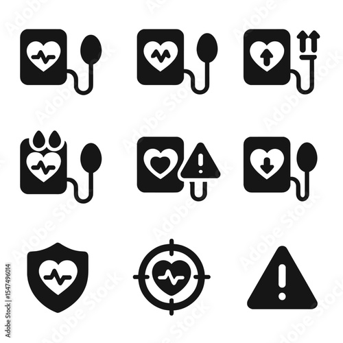 Blood Pressure Icons. Solid style icons of blood pressure result types: normal reading, elevated reading, hypertension stage 1,