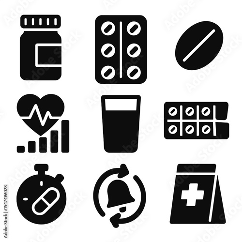 Blood Pressure Med Icons. Solid style icons of blood pressure medication: pill bottle, tablet blister, blood pressure pill, dosage
