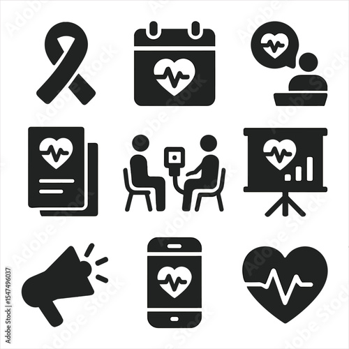 Blood Pressure Awareness Icons. Solid style icons of blood pressure awareness: ribbon icon, awareness calendar, public talk, info
