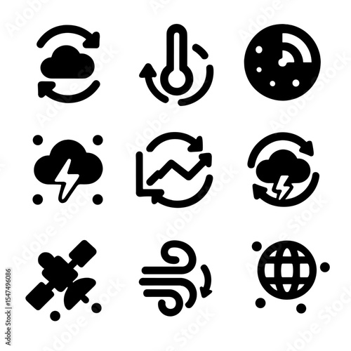 Weather App Icons. Solid style icons of weather app loading: weather refresh, temperature sync, radar buffering, storm tracker