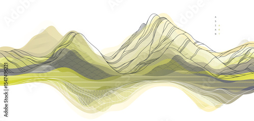 Nature art oriental Japanese style vector abstract background, mountains terrain landscape, scenic abstraction.