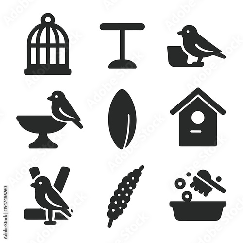 Bird Care Icons. Solid style icons of bird care: birdcage, perch stand, feeder cup, bird bath, cuttlebone, nesting box, flight