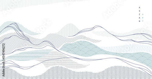 Oriental Japanese style vector abstract illustration, background in Asian traditional style, wavy shapes and mountains terrain, runny like sea lines.