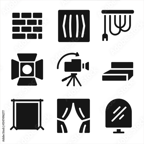 AV Setup Icons. Solid style icons of AV environment setup: soundproof wall, acoustic panel, cable management, lighting diffuser,