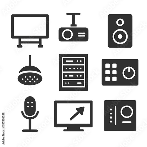 AV Classroom Icons. Solid style icons of AV classroom tools: smartboard, projector mount, wall speaker, ceiling mic, AV rack,
