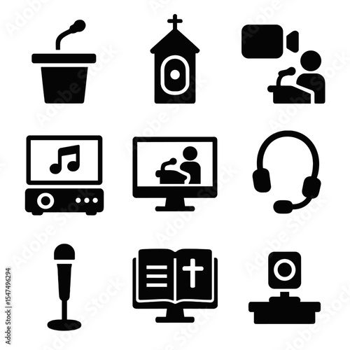 AV Worship Space Icons. Solid style icons of AV in worship spaces: pulpit mic, house of worship speaker, sermon recording,