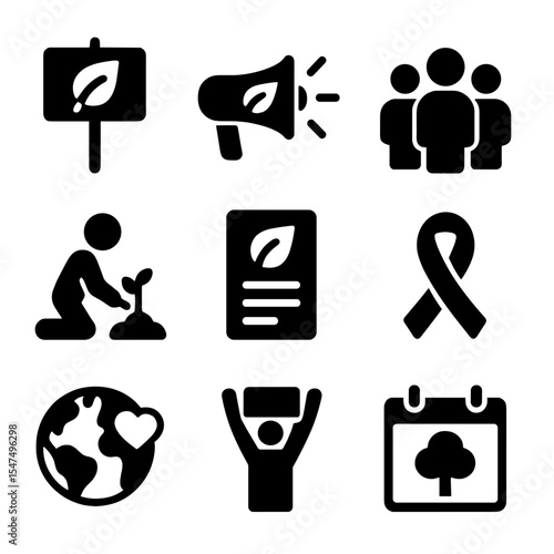 Environmental Activism Icons. Solid style icons of environmental activism: protest sign, megaphone with leaf, activist group, tree
