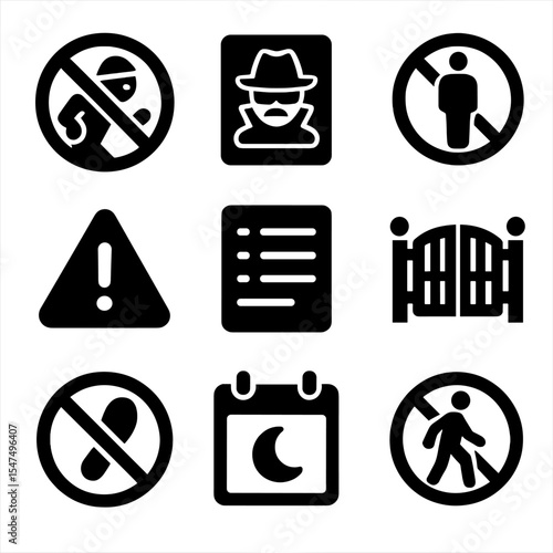 Anti-Crime Icon Symbols. Solid style icons of anti-crime signage: no theft sign, neighborhood watch poster, no loitering symbol,