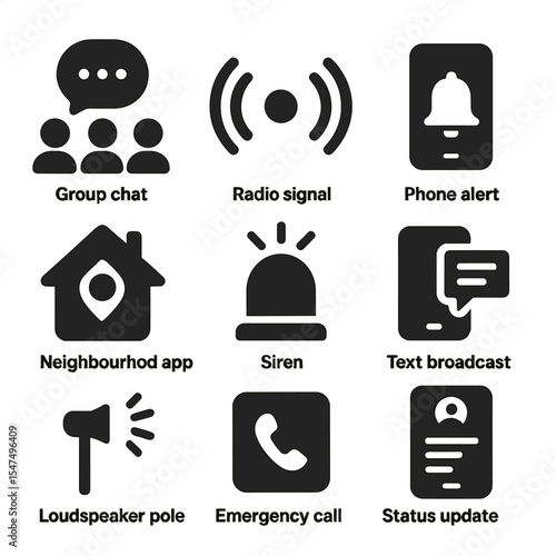 Defense Communication Icons. Solid style icons of defense communication tools: group chat icon, radio signal, phone alert,