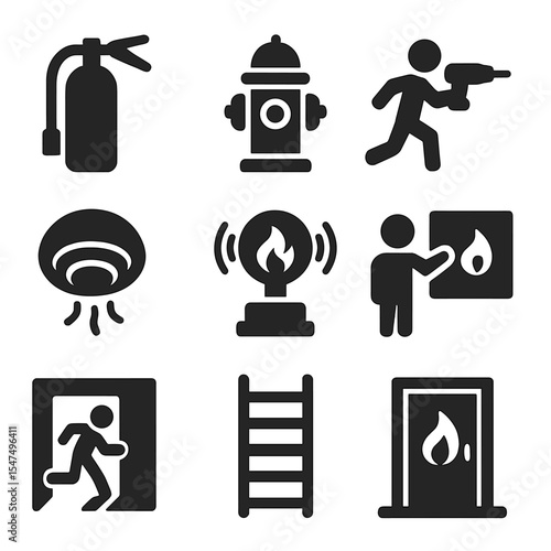 Fire Safety Icons. Solid style icons of fire safety in community defense: fire extinguisher, emergency hydrant, fire drill icon,