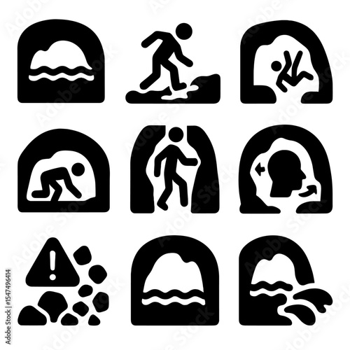 Subterranean River Hazards. Solid style icons of subterranean river hazards: flooded chamber, slippery rock, sudden drop, low