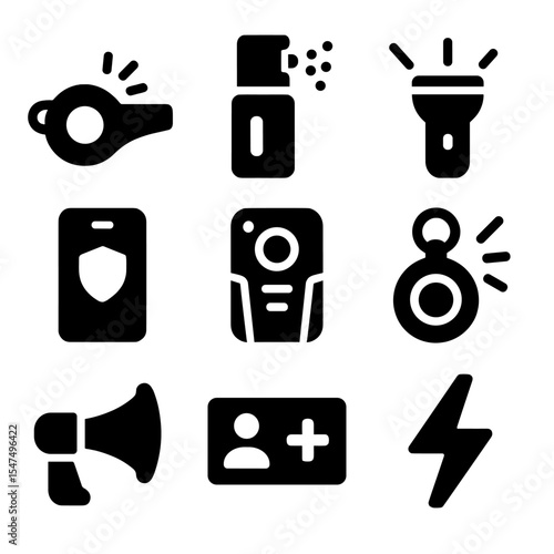 Citizen Safety Icons. Solid style icons of citizen protection tools: whistle, defensive spray, flashlight with strobe, safety app,