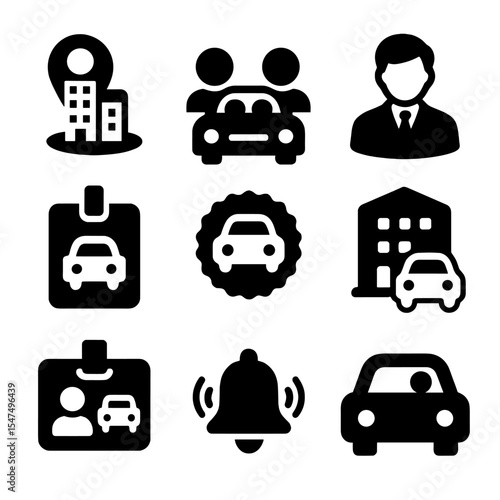Commute Sharing Icons. Solid style icons of work commute sharing: office destination pin, coworkers in car, business casual avatar