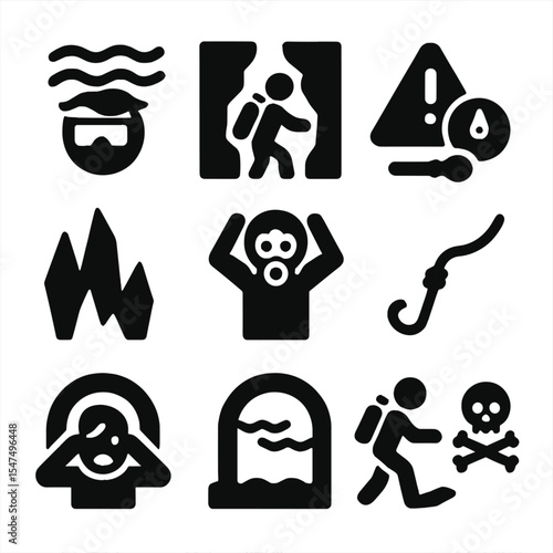 Underwater Cave Hazard Icons. Solid style icons of underwater cave hazards: zero visibility, tight squeeze icon, dropped gear,