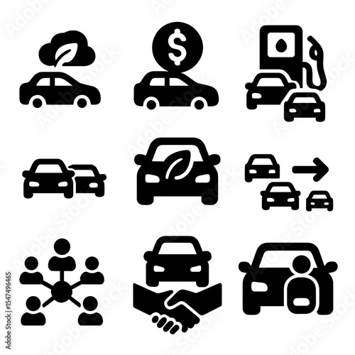 Carpool Icons. Solid style icons of carpool benefits: reduced emissions, cost savings icon, shared fuel icon, fewer cars, eco