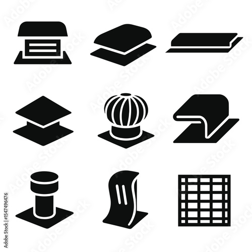 Roof Ventilation Icons. Solid style icons of roof ventilation components: intake vent, exhaust vent, continuous ridge vent, static