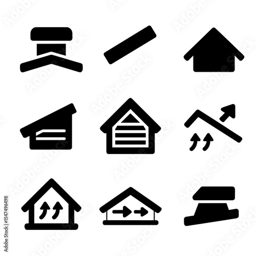 Sloped Roof Ventilation Icons. Solid style icons of sloped roofing ventilation: ridge vent cap, angled baffle, roof slope icon,