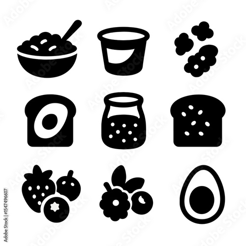 Healthy Breakfast Icons. Solid style icons of healthy breakfast options: oatmeal bowl, Greek yogurt cup, granola cluster, fruit