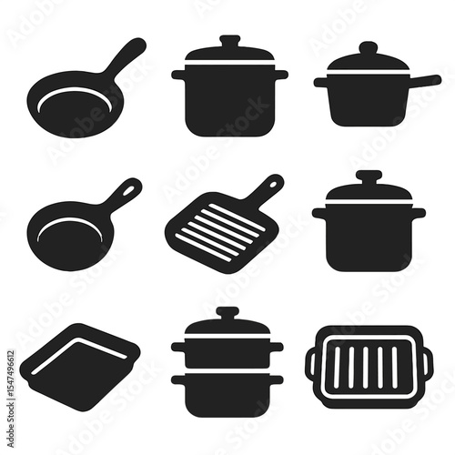 Cookware Icon Set. Solid style icons of cookware items: frying pan, stock pot, saucepan with lid, cast iron skillet, grill pan,