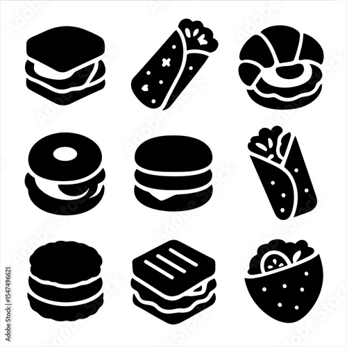 Breakfast Sandwich Icons. Solid style icons of breakfast sandwiches and wraps: egg sandwich, breakfast burrito, croissant sandwich