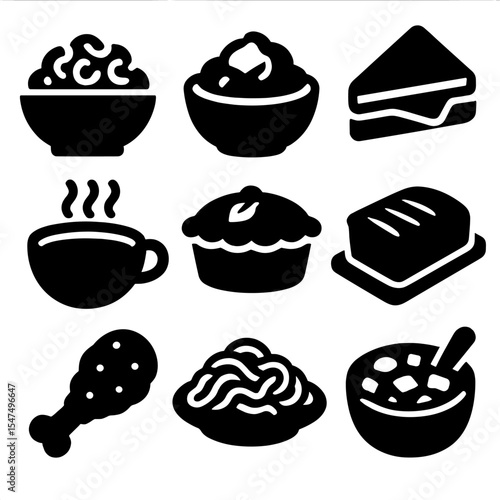 Comfort Food Icons. Solid style icons of comfort food: macaroni and cheese, mashed potatoes, grilled cheese sandwich, tomato soup,