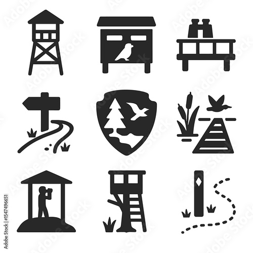 Birdwatching Icons. Solid style icons of bird watching locations: observation tower, bird blind shelter, wooden platform, park