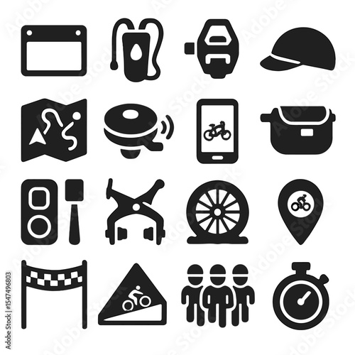 Solid Cycling Icons. Solid style icons of cycling: race number tag, hydration pack, clipless pedal, cycling cap, trail map, bike