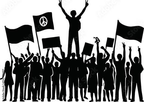 Group of people protesters vector silhouette illustration isolated. Man hand holding sign. Empty banner plate. Blank protest flag. Political agitation campaign. Demonstration social laborers rights