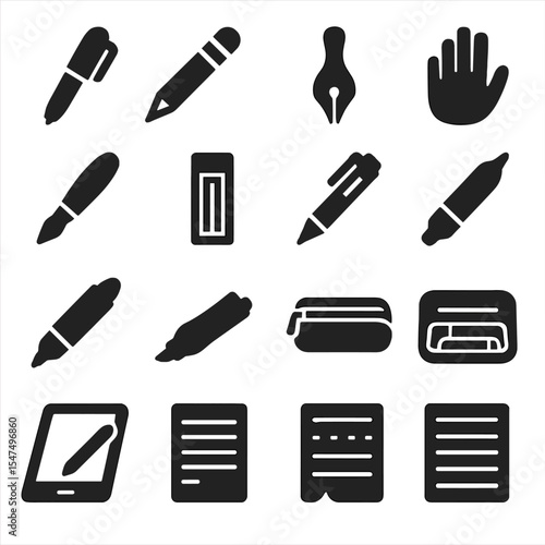 Writing Tools Icons. Solid style icons of writing tools: pen with cap, pencil with eraser, dip pen with nib, writing glove,